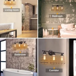Tangkula 3-Light Vintage Vanity Lights, Industrial Metal Wire Cage Wall Sconces(Black & Golden)