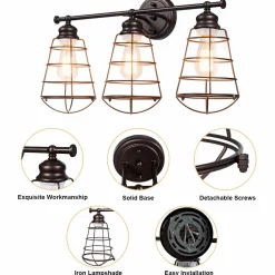 Tangkula 3-Light Vintage Vanity Lights, Industrial Metal Wire Cage Wall Sconces(Black & Golden)