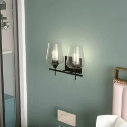 Tangkula 2-Light Wall Sconce, Industrial Vanity Light Fixture with Clear Seeded Glass Lampshade