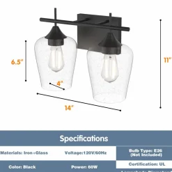 Tangkula 2-Light Wall Sconce, Industrial Vanity Light Fixture with Clear Seeded Glass Lampshade