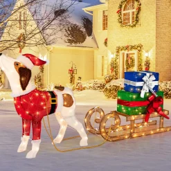 Tangkula Lighted Christmas Dog with Sleigh & Gift Boxes Combo Decorations