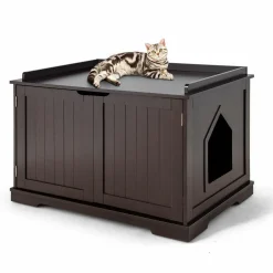 Tangkula Litter Box Enclosure, Cat Litter Box Furniture Hidden, Nightstand Pet House with Double Doors
