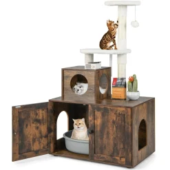 Tangkula Litter Box Enclosure with Cat Tree Tower, 2-in-1 Hidden Cat Washroom with Cat Condo