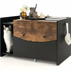 Tangkula Litter Box Enclosure, Hidden Cat Washroom with Pull-Out Drawer, Rolling Caster, Flip Door (Black+Rustic Brown)