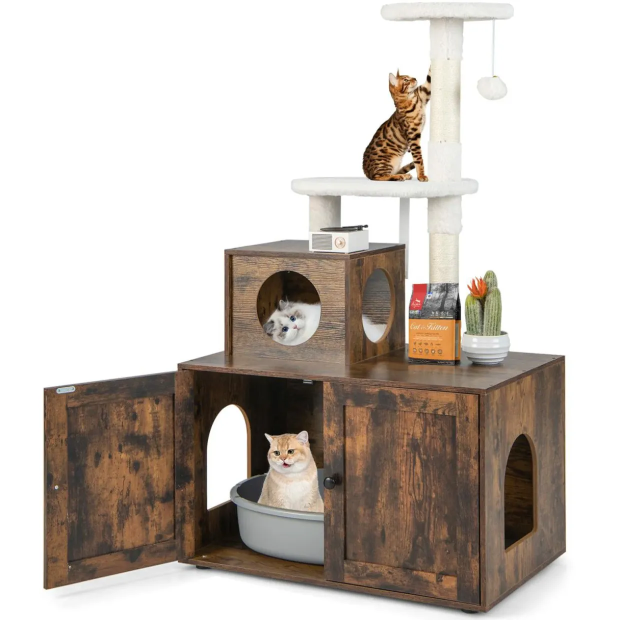 Tangkula Litter Box Enclosure with Cat Tree Tower, 2-in-1 Hidden Cat Washroom with Cat Condo