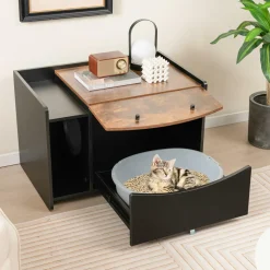 Tangkula Litter Box Enclosure, Hidden Cat Washroom with Pull-Out Drawer, Rolling Caster, Flip Door (Black+Rustic Brown)