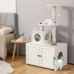 Tangkula Litter Box Enclosure with Cat Tree Tower, 2-in-1 Hidden Cat Washroom with Cat Condo