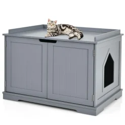 Tangkula Litter Box Enclosure, Cat Litter Box Furniture Hidden, Nightstand Pet House with Double Doors