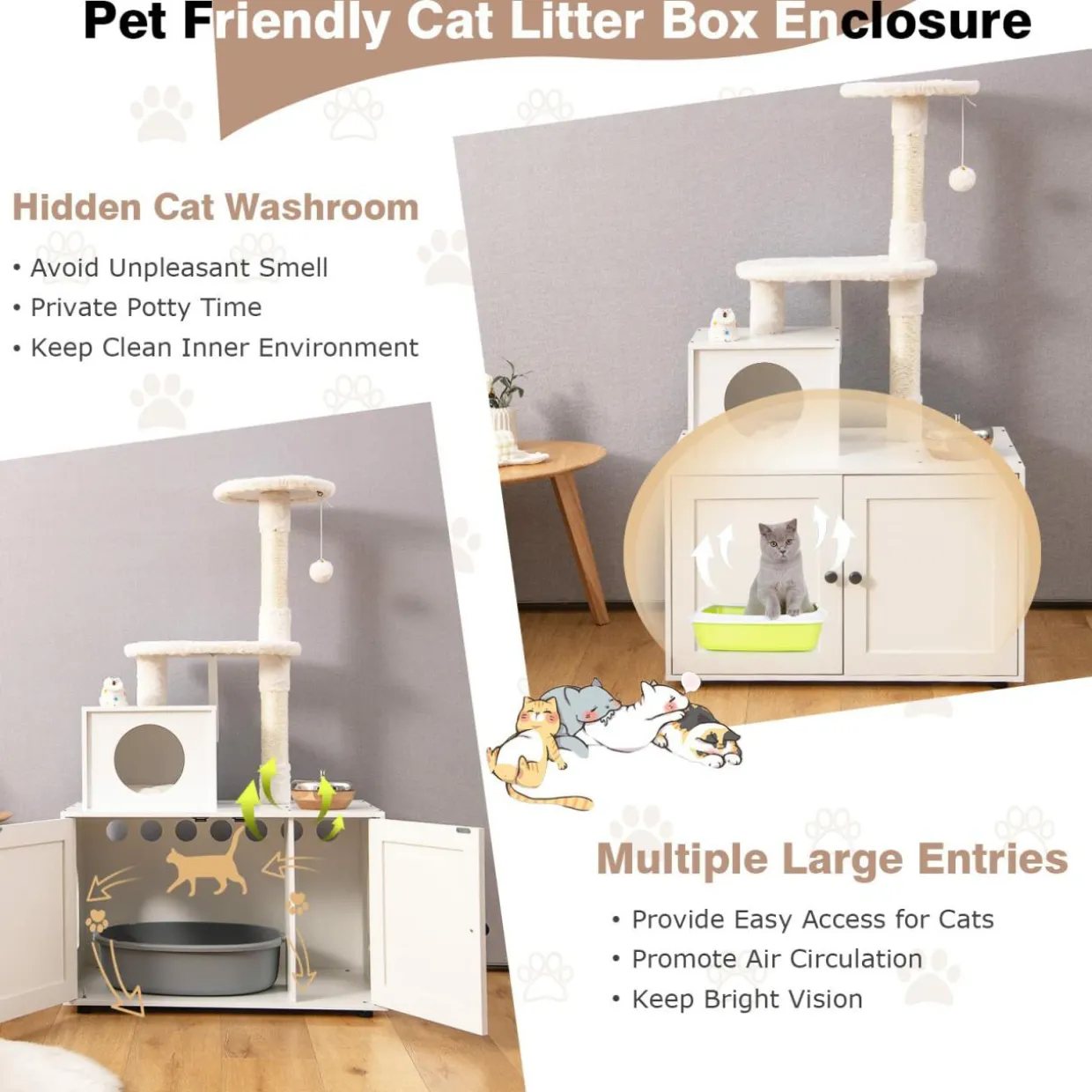 Tangkula Litter Box Enclosure with Cat Tree Tower, 2-in-1 Hidden Cat Washroom with Cat Condo
