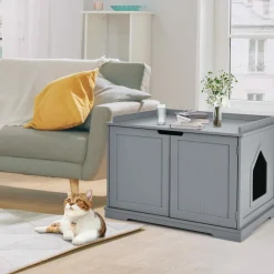 Tangkula Litter Box Enclosure, Cat Litter Box Furniture Hidden, Nightstand Pet House with Double Doors