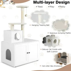 Tangkula Litter Box Enclosure with Cat Tree Tower, 2-in-1 Hidden Cat Washroom with Cat Condo