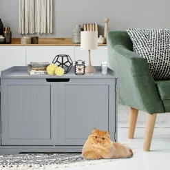 Tangkula Litter Box Enclosure, Cat Litter Box Furniture Hidden, Nightstand Pet House with Double Doors