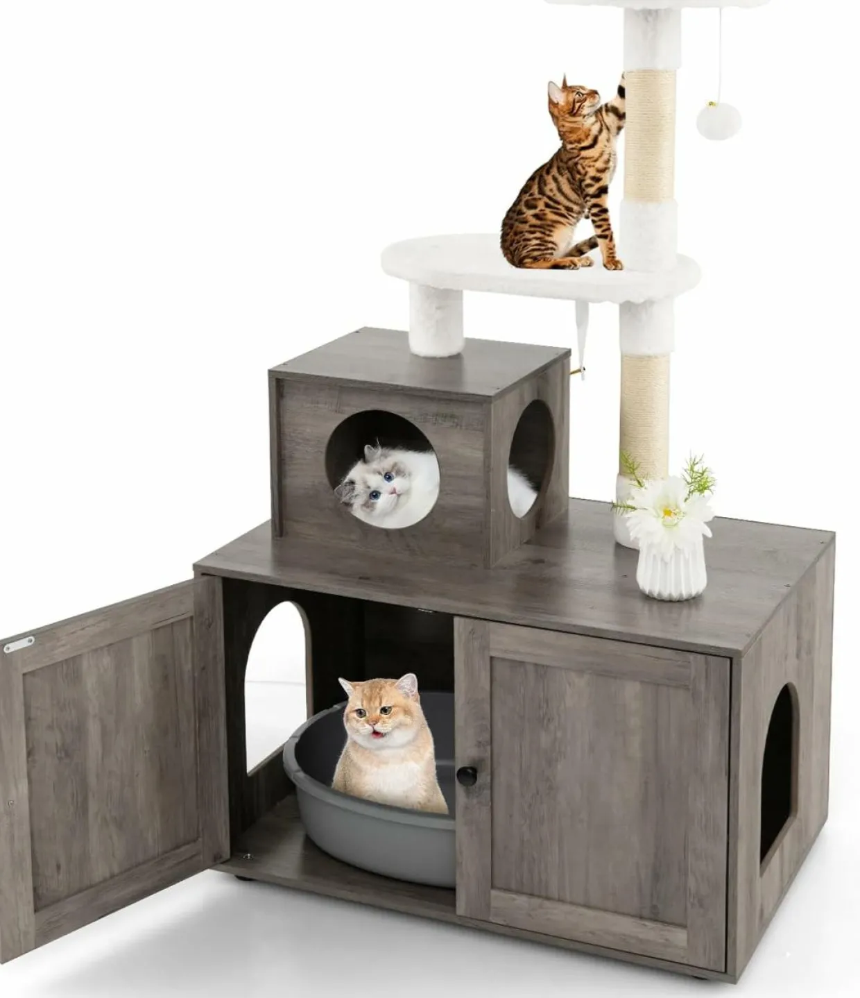 Tangkula Litter Box Enclosure with Cat Tree Tower, 2-in-1 Hidden Cat Washroom with Cat Condo