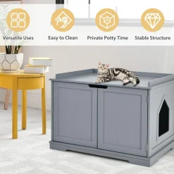 Tangkula Litter Box Enclosure, Cat Litter Box Furniture Hidden, Nightstand Pet House with Double Doors