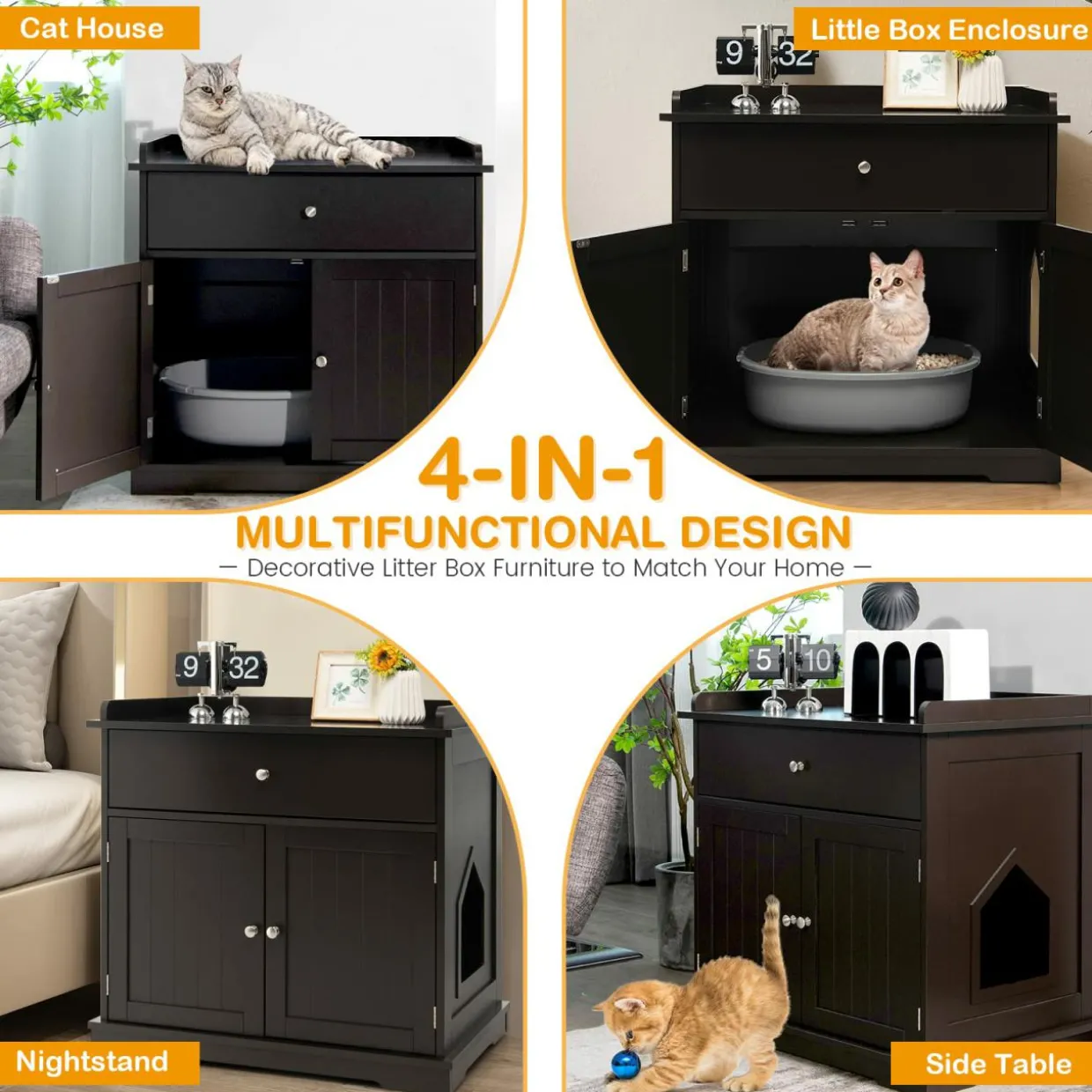 Tangkula Litter Box Enclosure, Cat Litter Box Furniture Hidden with Large Drawer, 2 Doors