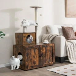 Tangkula Litter Box Enclosure with Cat Tree Tower, 2-in-1 Hidden Cat Washroom with Cat Condo