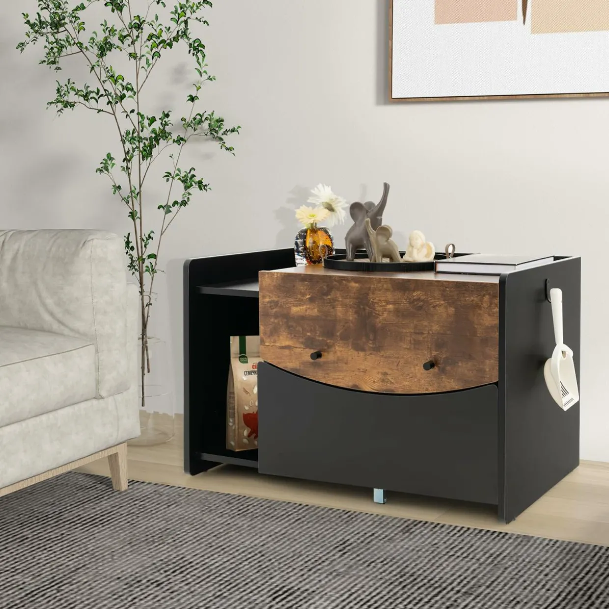Tangkula Litter Box Enclosure, Hidden Cat Washroom with Pull-Out Drawer, Rolling Caster, Flip Door (Black+Rustic Brown)