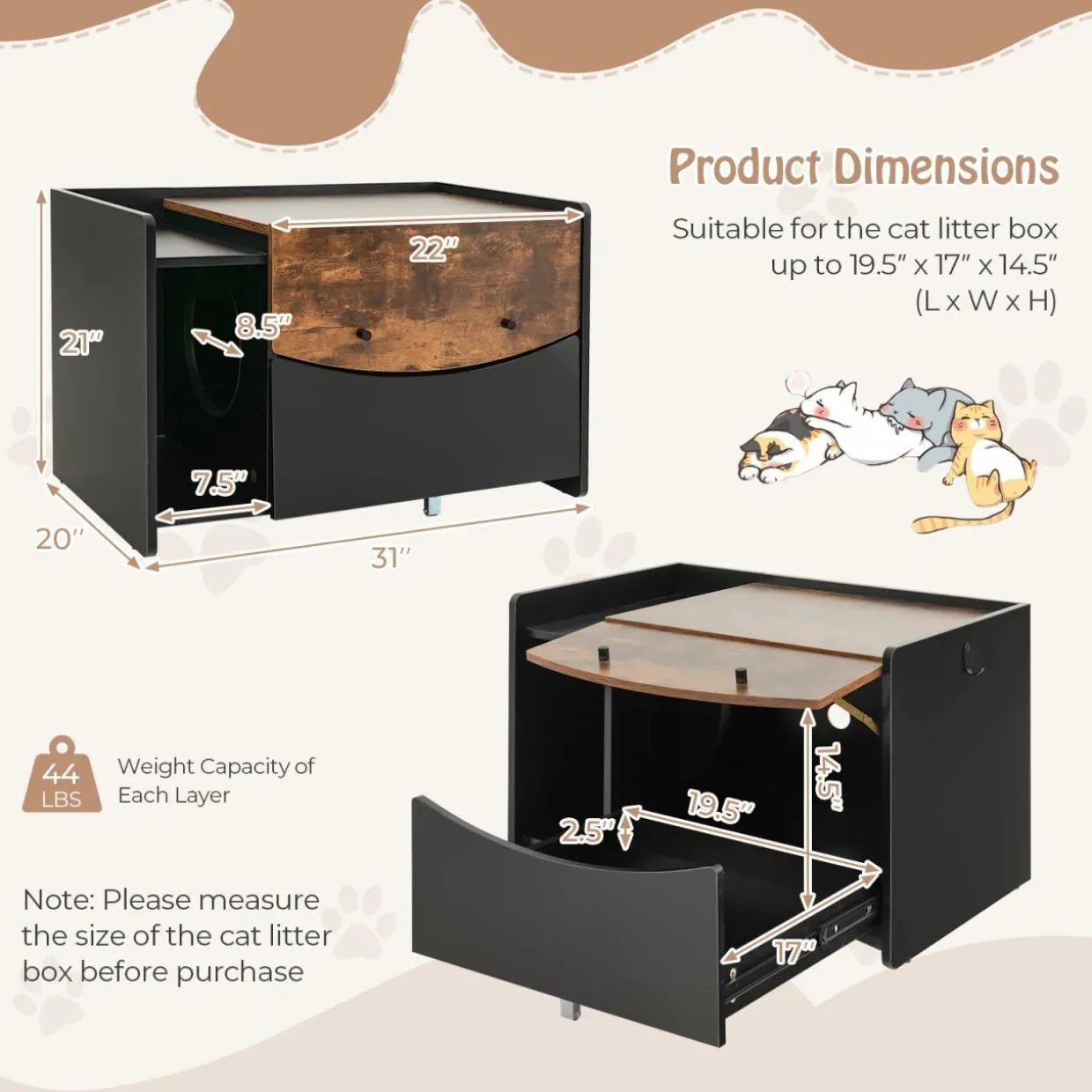 Tangkula Litter Box Enclosure, Hidden Cat Washroom with Pull-Out Drawer, Rolling Caster, Flip Door (Black+Rustic Brown)