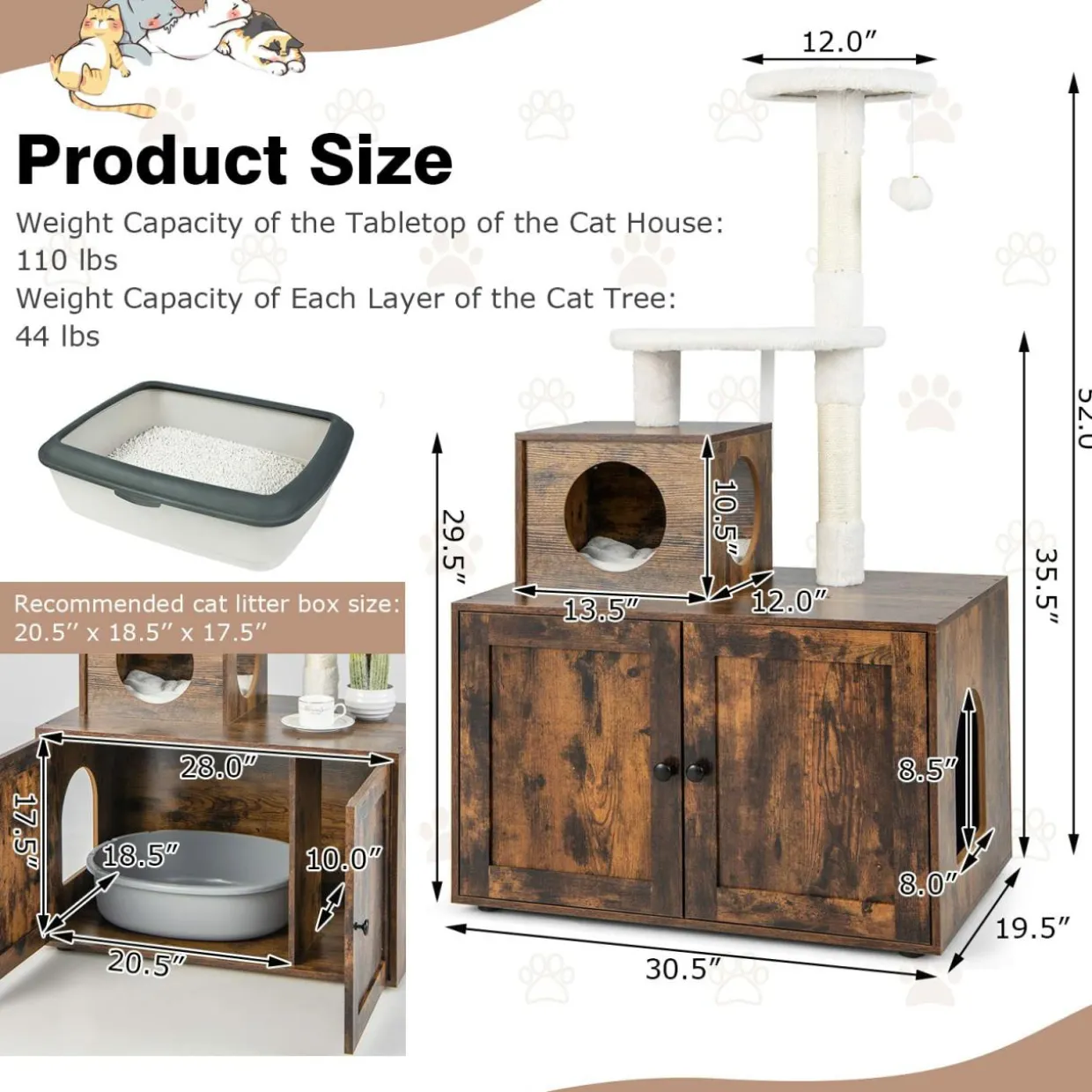 Tangkula Litter Box Enclosure with Cat Tree Tower, 2-in-1 Hidden Cat Washroom with Cat Condo