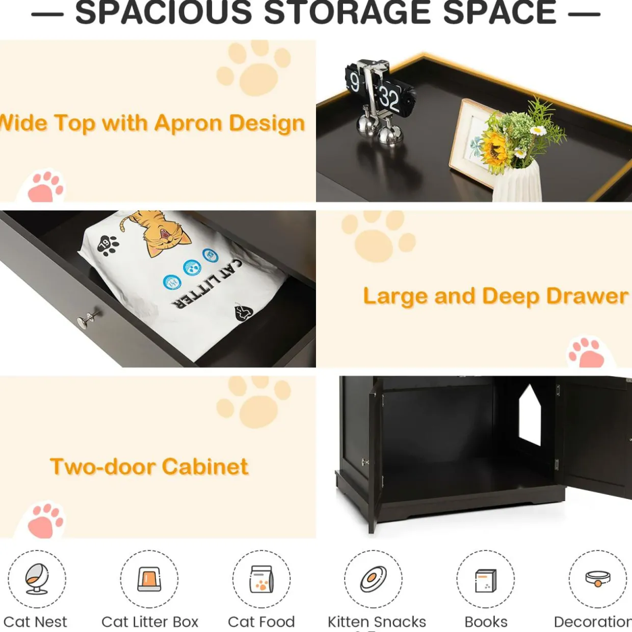 Tangkula Litter Box Enclosure, Cat Litter Box Furniture Hidden with Large Drawer, 2 Doors