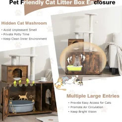 Tangkula Litter Box Enclosure with Cat Tree Tower, 2-in-1 Hidden Cat Washroom with Cat Condo