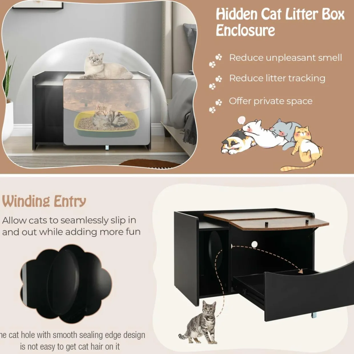 Tangkula Litter Box Enclosure, Hidden Cat Washroom with Pull-Out Drawer, Rolling Caster, Flip Door (Black+Rustic Brown)
