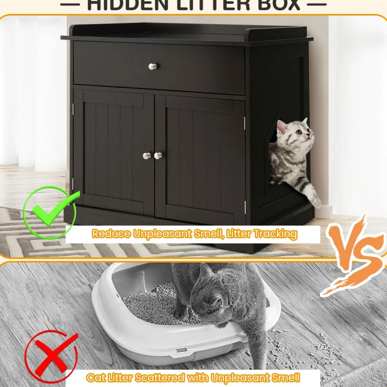 Tangkula Litter Box Enclosure, Cat Litter Box Furniture Hidden with Large Drawer, 2 Doors