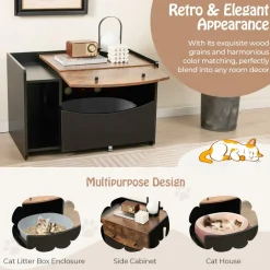 Tangkula Litter Box Enclosure, Hidden Cat Washroom with Pull-Out Drawer, Rolling Caster, Flip Door (Black+Rustic Brown)