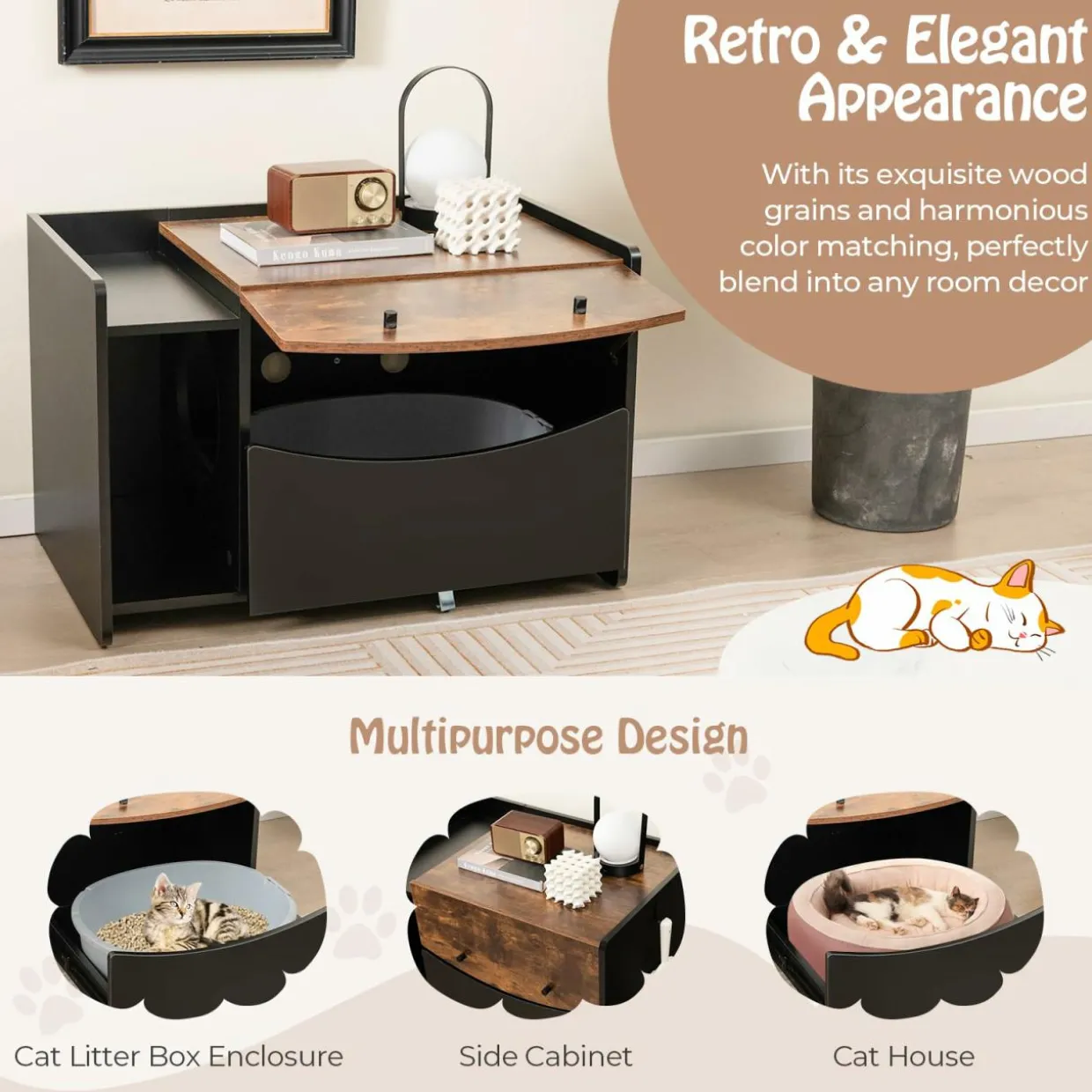 Tangkula Litter Box Enclosure, Hidden Cat Washroom with Pull-Out Drawer, Rolling Caster, Flip Door (Black+Rustic Brown)