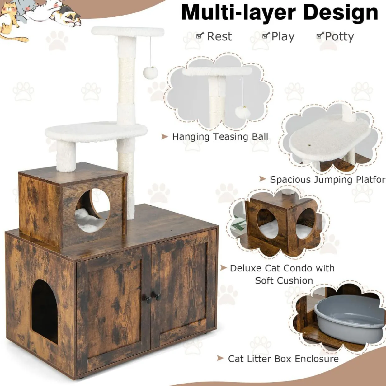 Tangkula Litter Box Enclosure with Cat Tree Tower, 2-in-1 Hidden Cat Washroom with Cat Condo