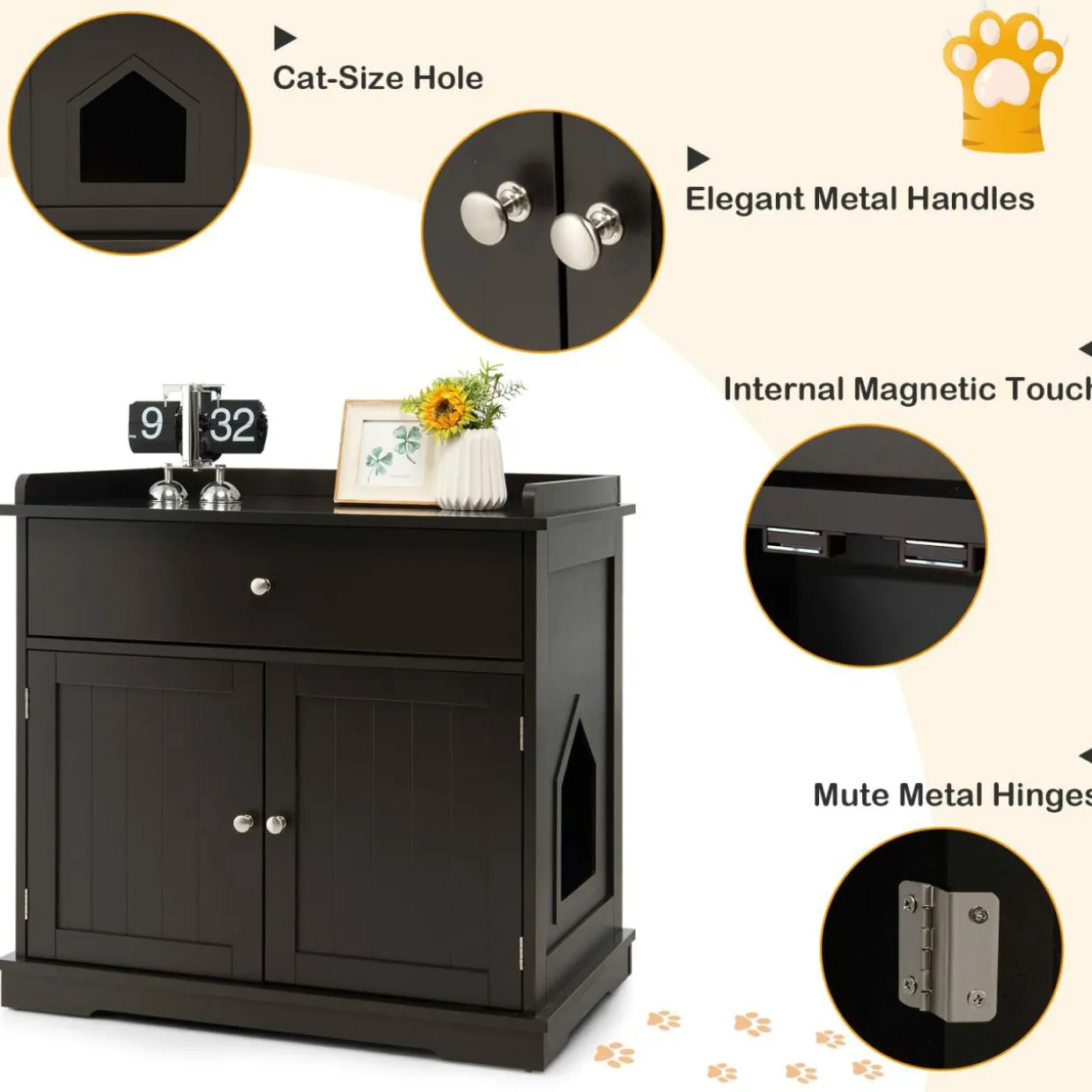 Tangkula Litter Box Enclosure, Cat Litter Box Furniture Hidden with Large Drawer, 2 Doors