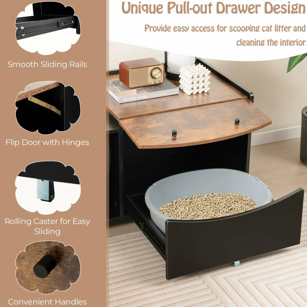 Tangkula Litter Box Enclosure, Hidden Cat Washroom with Pull-Out Drawer, Rolling Caster, Flip Door (Black+Rustic Brown)