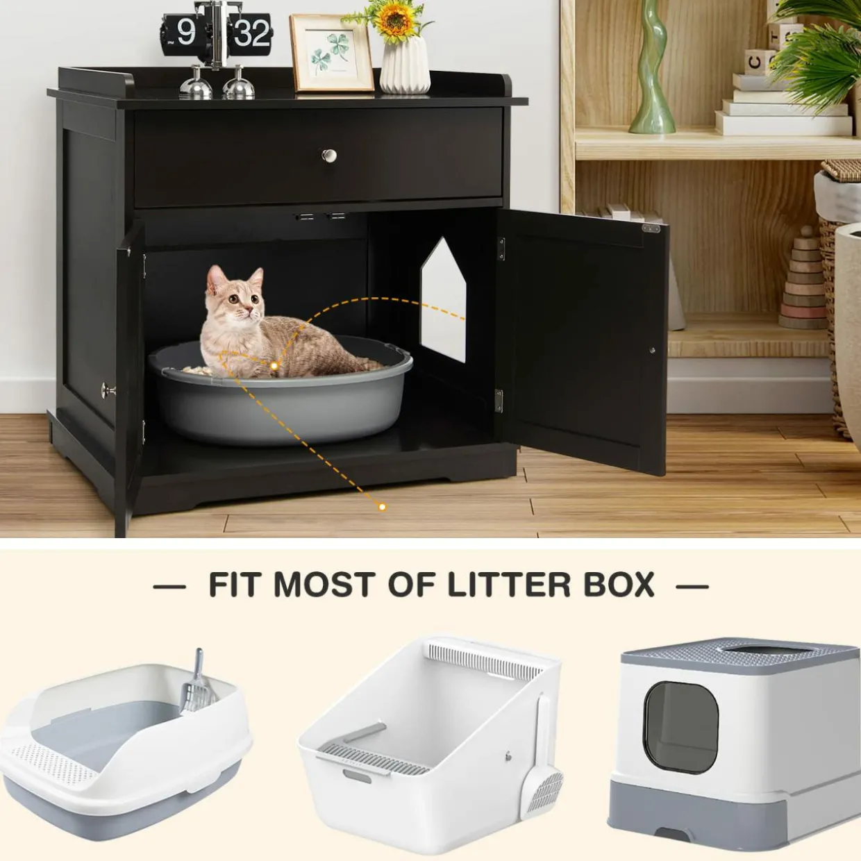 Tangkula Litter Box Enclosure, Cat Litter Box Furniture Hidden with Large Drawer, 2 Doors