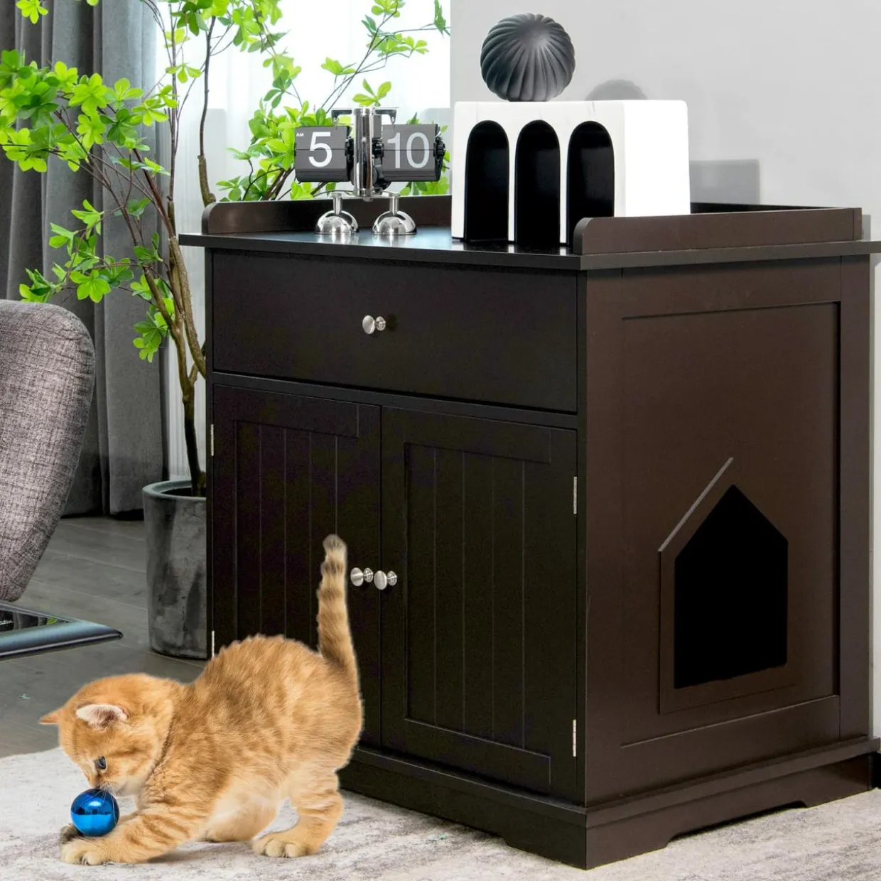 Tangkula Litter Box Enclosure, Cat Litter Box Furniture Hidden with Large Drawer, 2 Doors