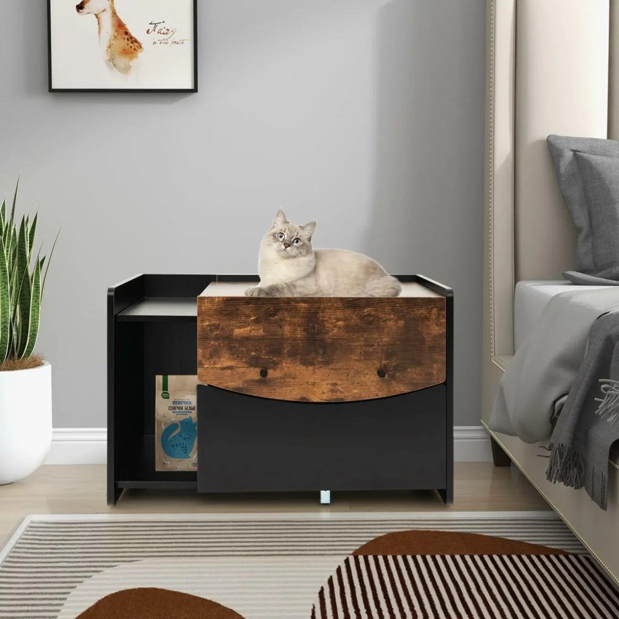 Tangkula Litter Box Enclosure, Hidden Cat Washroom with Pull-Out Drawer, Rolling Caster, Flip Door (Black+Rustic Brown)