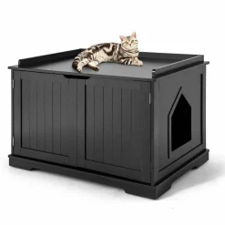Tangkula Litter Box Enclosure, Cat Litter Box Furniture Hidden, Nightstand Pet House with Double Doors