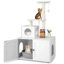 Tangkula Litter Box Enclosure with Cat Tree Tower, 2-in-1 Hidden Cat Washroom with Cat Condo