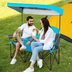 Tangkula Loveseat Camping Chair with Adjustable Shade Canopy