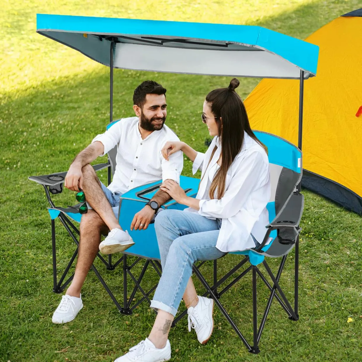 Tangkula Loveseat Camping Chair with Adjustable Shade Canopy