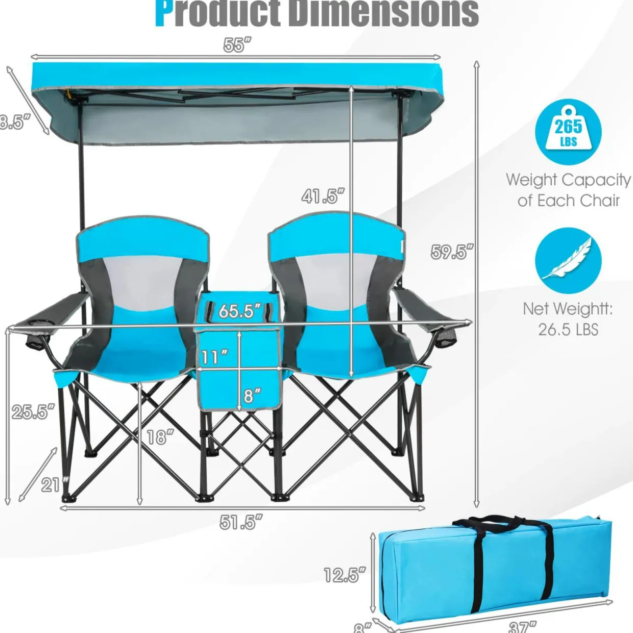 Tangkula Loveseat Camping Chair with Adjustable Shade Canopy