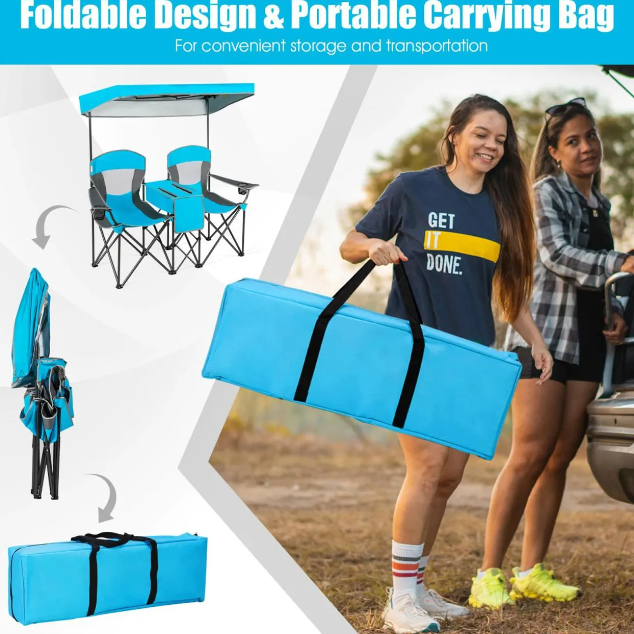 Tangkula Loveseat Camping Chair with Adjustable Shade Canopy