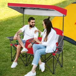 Tangkula Loveseat Camping Chair with Adjustable Shade Canopy