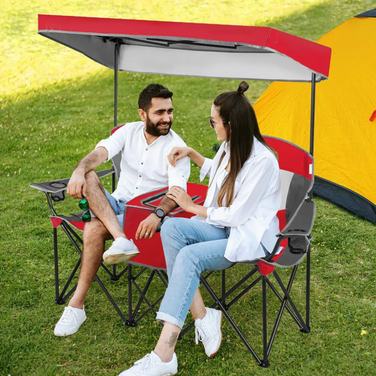 Tangkula Loveseat Camping Chair with Adjustable Shade Canopy