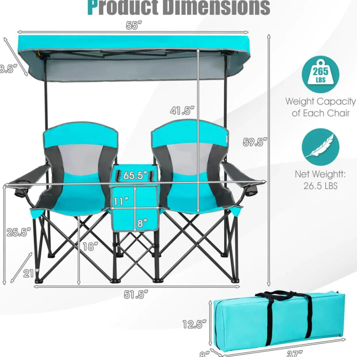 Tangkula Loveseat Camping Chair with Adjustable Shade Canopy