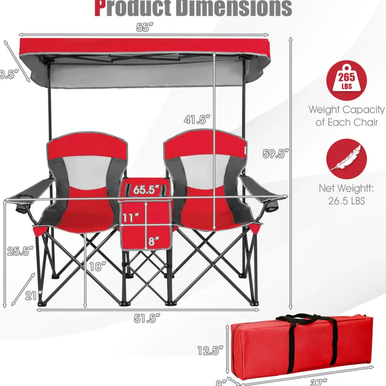 Tangkula Loveseat Camping Chair with Adjustable Shade Canopy