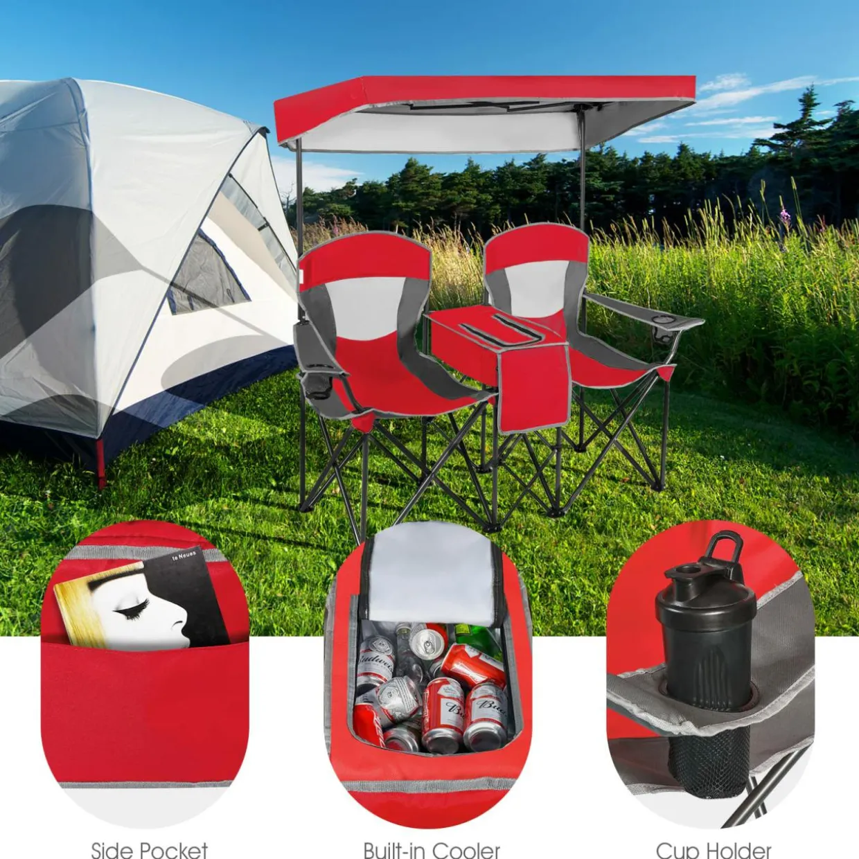 Tangkula Loveseat Camping Chair with Adjustable Shade Canopy