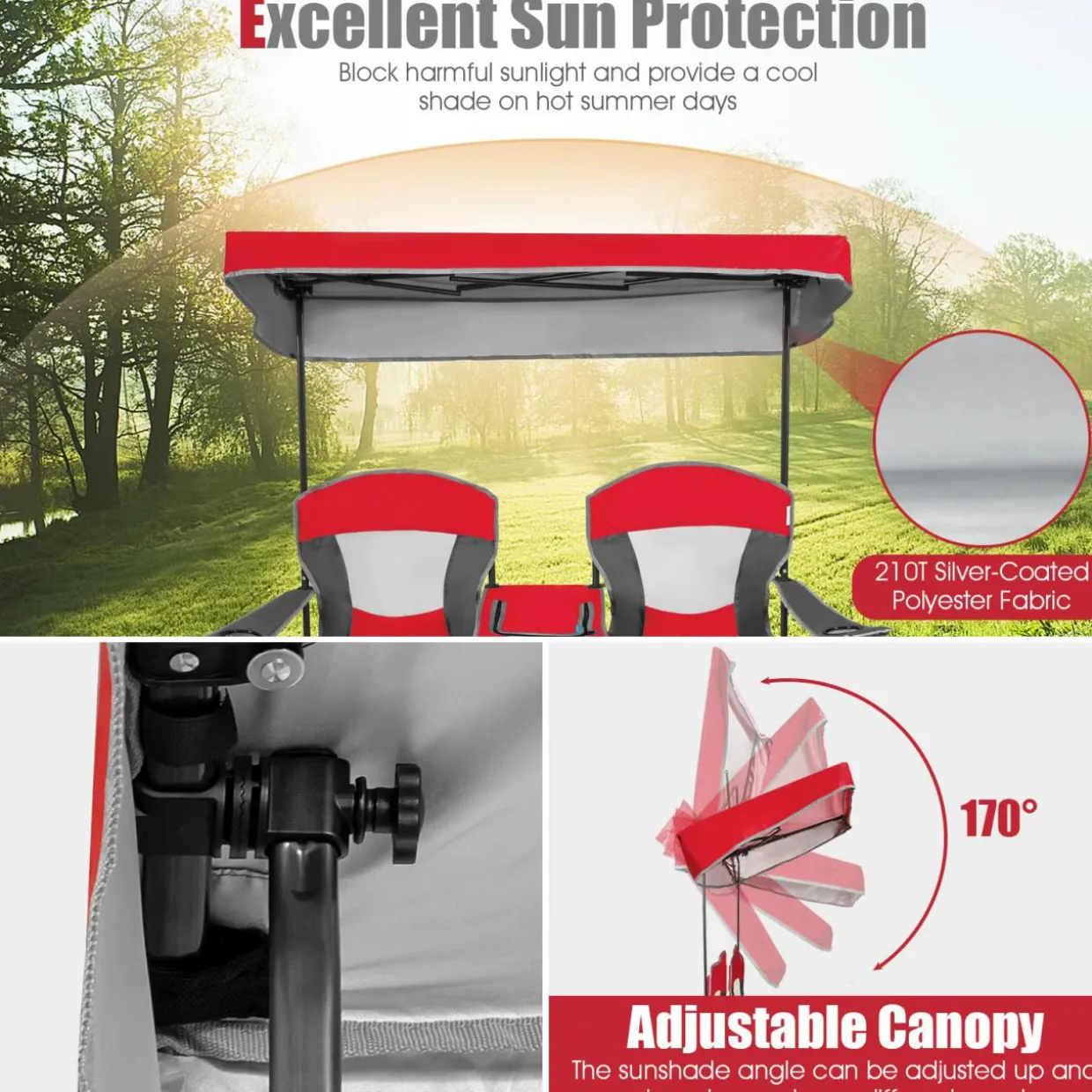 Tangkula Loveseat Camping Chair with Adjustable Shade Canopy