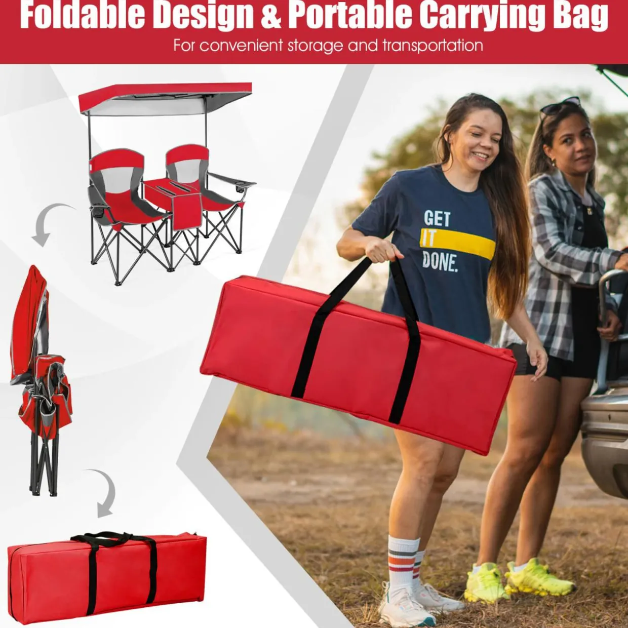 Tangkula Loveseat Camping Chair with Adjustable Shade Canopy