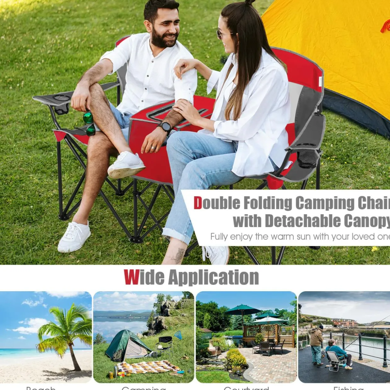 Tangkula Loveseat Camping Chair with Adjustable Shade Canopy
