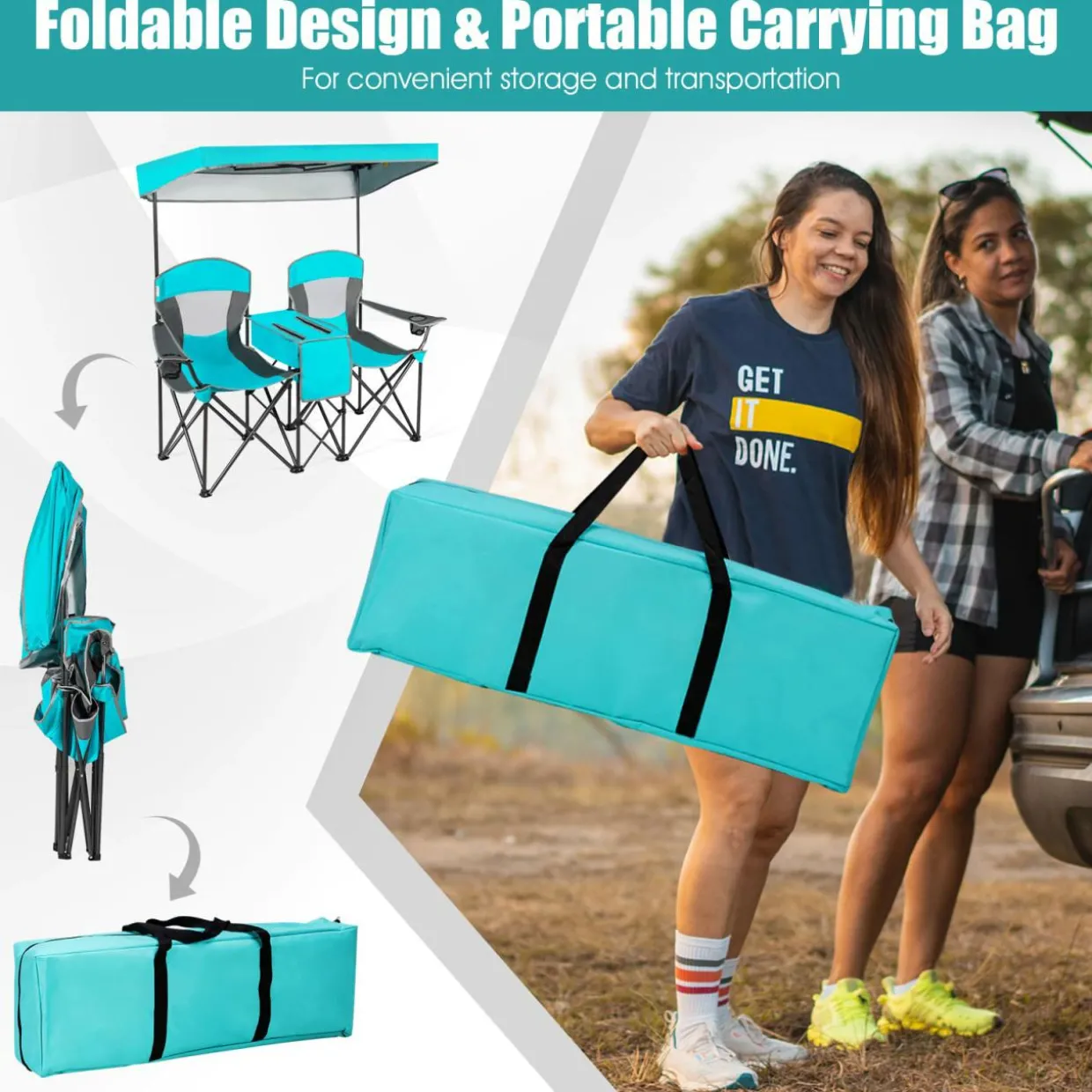 Tangkula Loveseat Camping Chair with Adjustable Shade Canopy